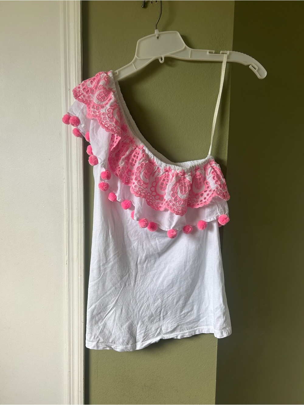 Lilly Pulitzer White One-Shoulder Tank with Pink Lace Pom-Pom Trim